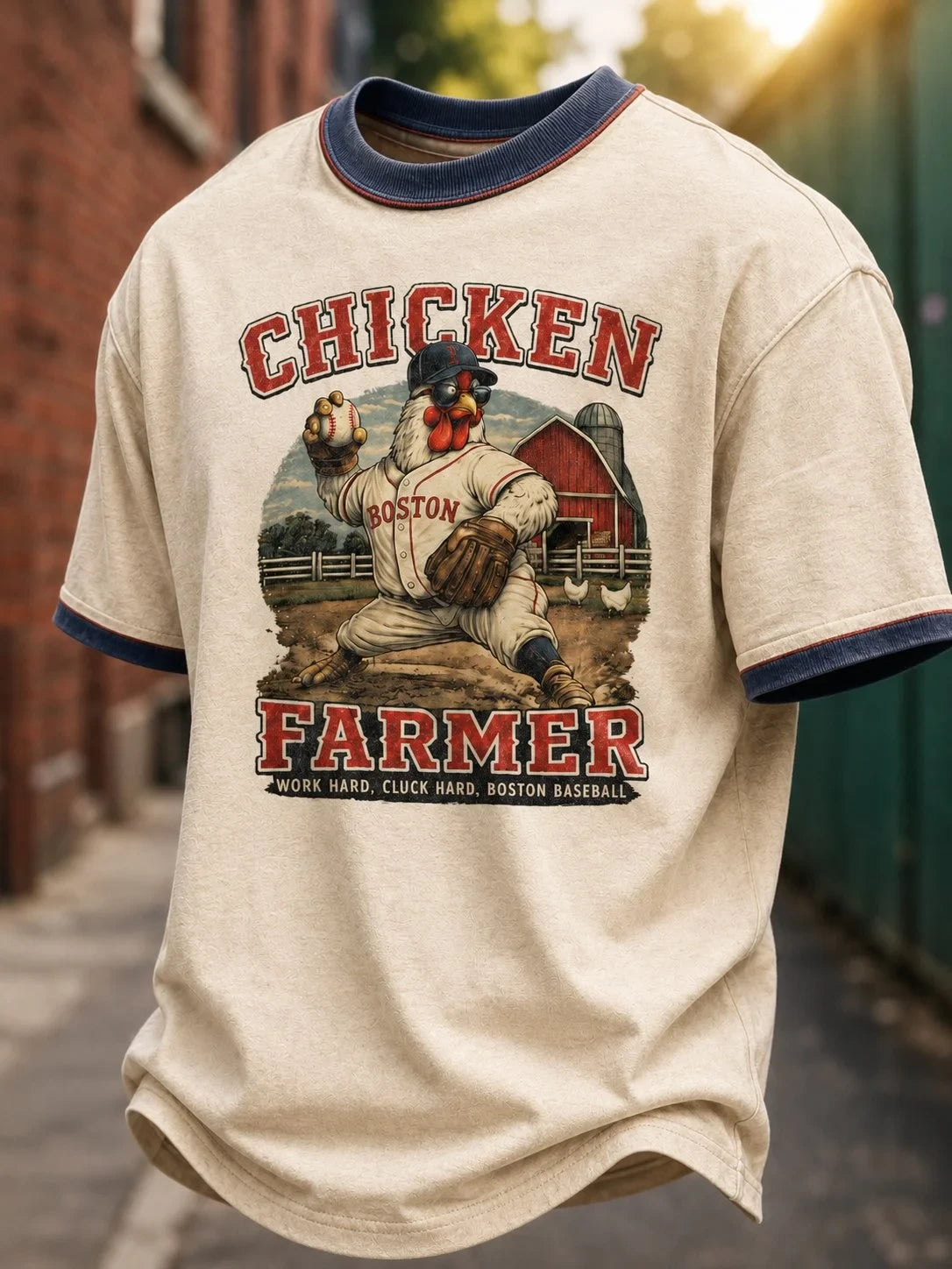 Boston Red Sox Merch Chicken Farmer T-Shirt Boston Baseball Fan Gear Men - Merchluma