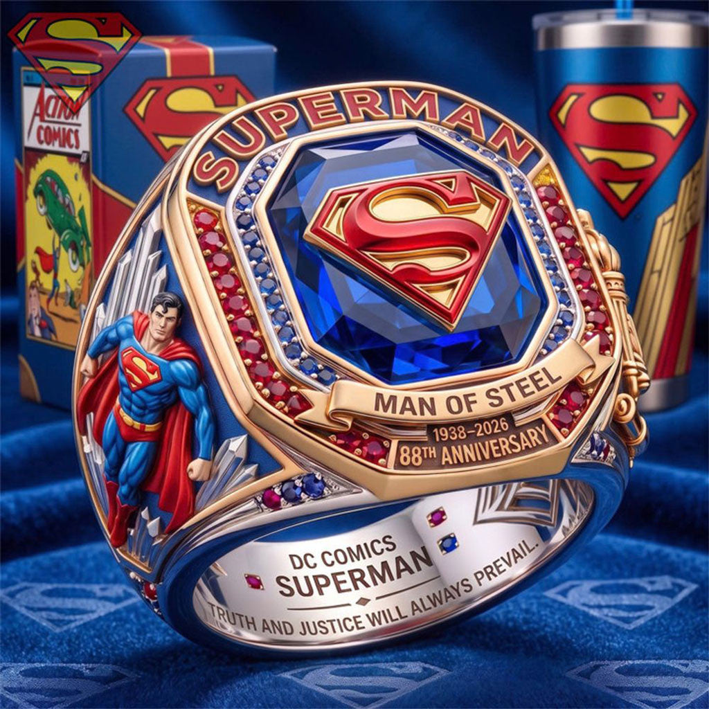Superman 88th Anniversary Man of Steel Round Engraved Ring Superman Merch Gifts For Son - Merchluma