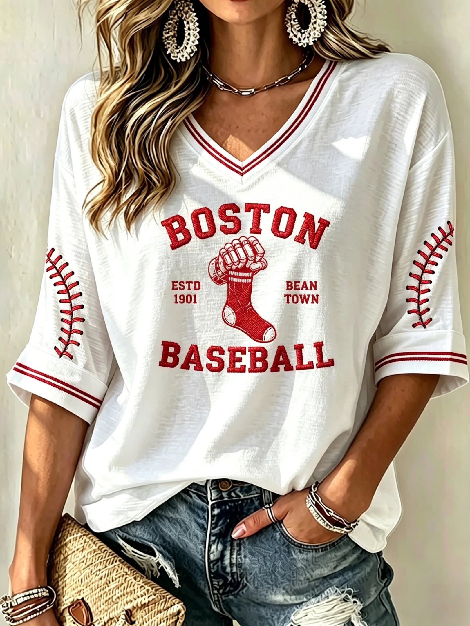 Boston Red Sox Merch Boston Baseball Crop Sleeve V-Neck Shirt Gifts For Baseball Fans - Merchluma
