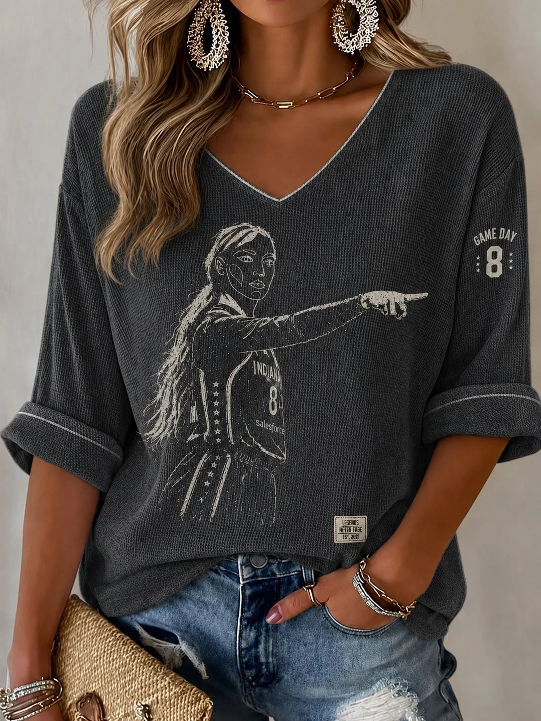 Sophie Cunningham Pointing Long Sleeve V-Neck Shirt #8 Indiana Fever Merch Game Day Gear - Merchluma
