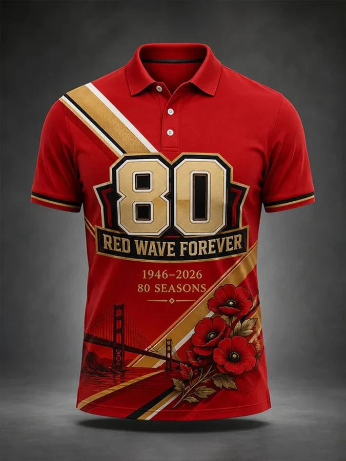 San Francisco 49ers Merch 80 Seasons Red Wave Forever Polo Shirt San Francisco Football Gear - Merchluma