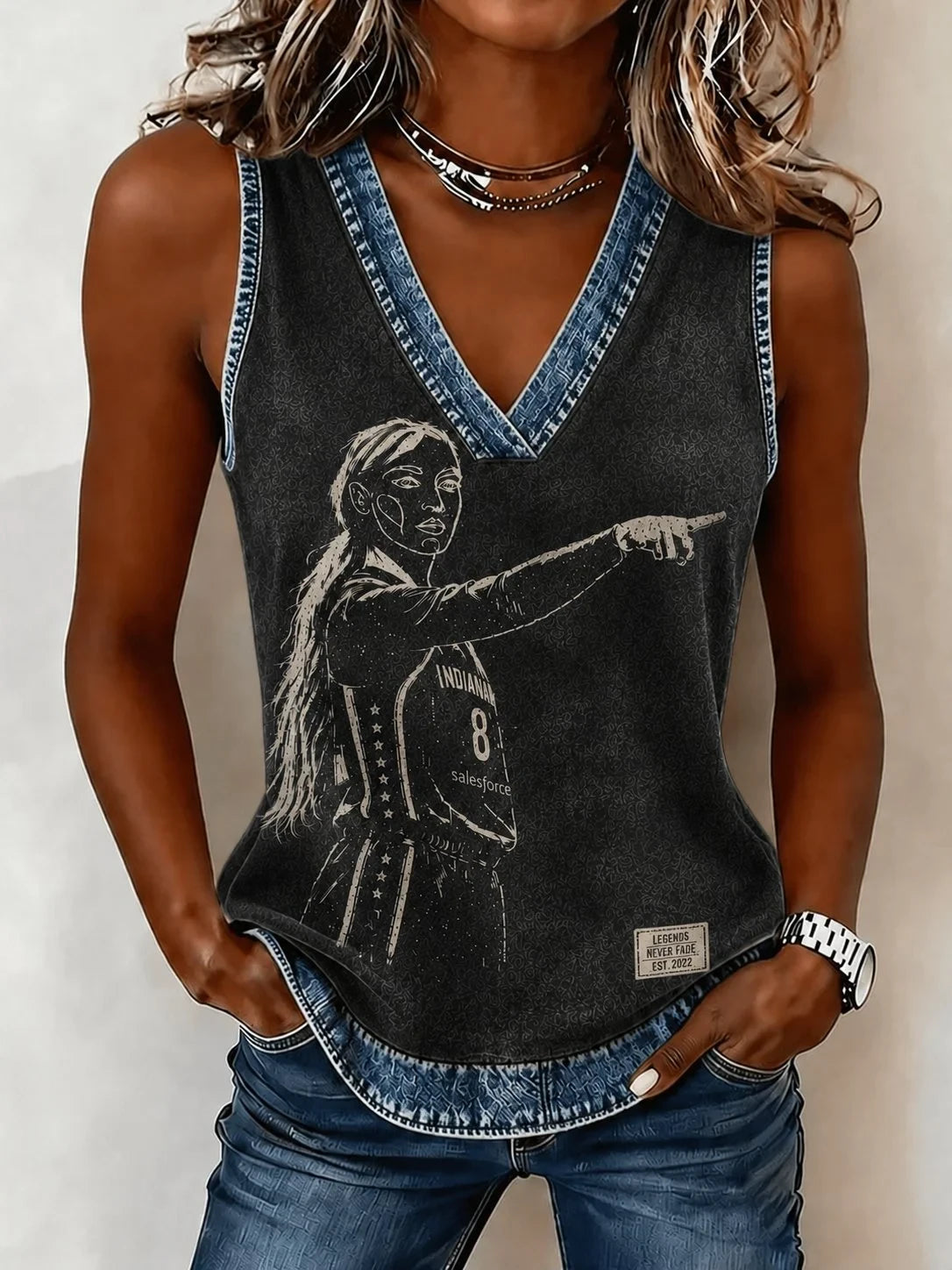 Sophie Cunningham Pointing Sleeveless V-Neck Tank #8 Indiana Fever Merch Gifts For Basketball Fan - Merchluma