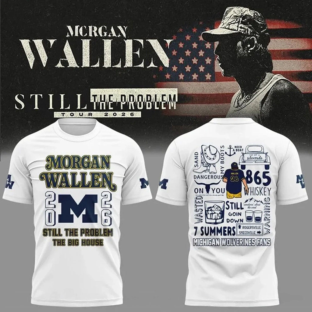 Morgan Wallen X Michigan Wolverines Merch Still The Problem Tour 2026 T-Shirt White - Merchluma