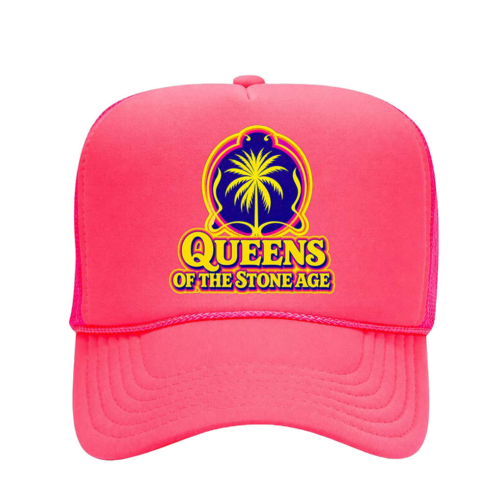 Queens Of The Stone Age Merch Catacombs Tour 2026 Palm Tree Trucker Hat Pink Gifts For Her - Merchluma