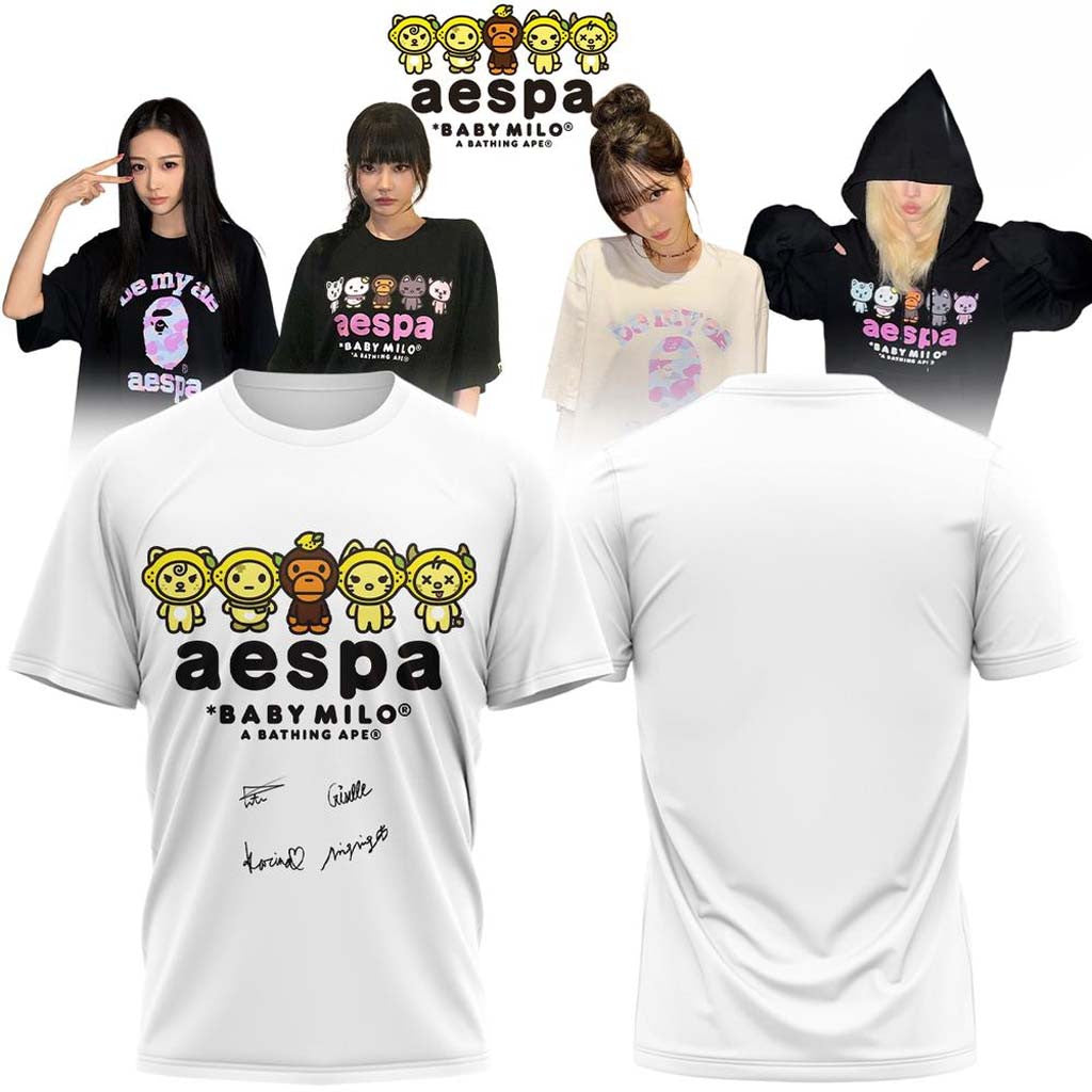 Aespa X BAPE Baby Milo Signed T-Shirt 2026 Aespa Merch MY Apparel Unique Gift For Kpop Fans - Merchluma