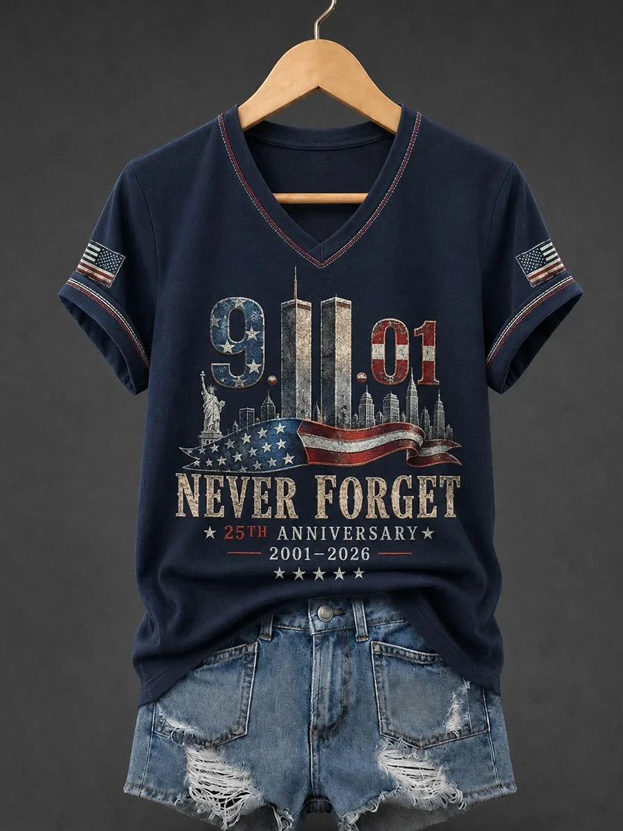911 Never Forget 25th Anniversary V-Neck T-Shirt Twin Towers Memorial Patriot Day Shirt Women - Merchluma