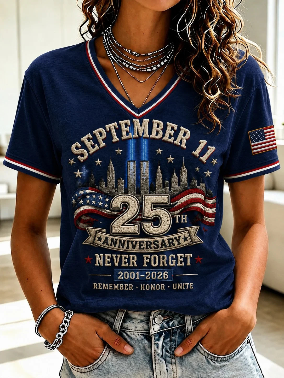 911 Never Forget V-Neck Shirt Twin Towers Patriot Day Merch Remember Honor Unite T-Shirt Women - Merchluma