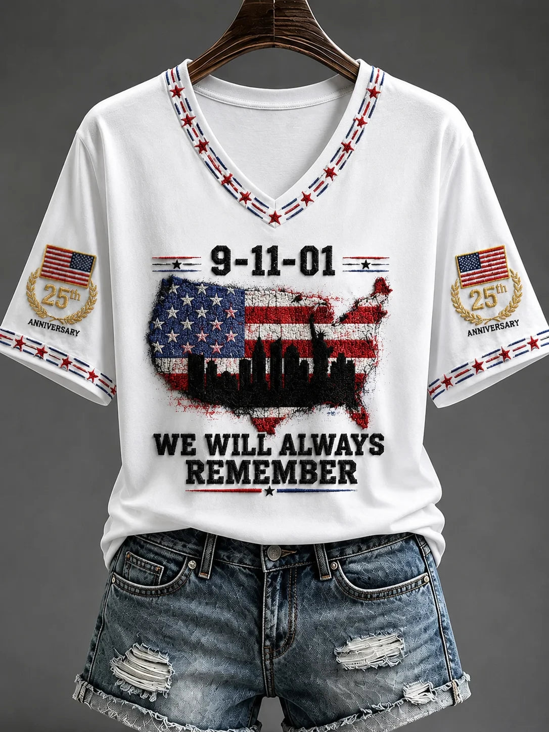 911 We Will Never Forget Patriot Day V-Neck Shirt 25th Anniversary Twin Towers Memorial Apparel - Merchluma
