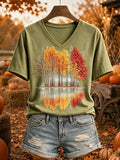 Vintage Fall Trees Cozy V-Neck Shirt Autumn Fall Outfit Gifts Ideas For Wife - Merchluma
