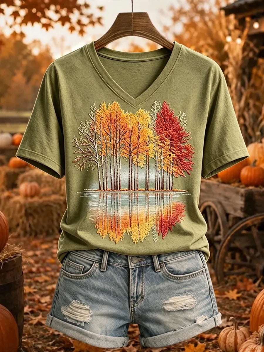 Vintage Fall Trees Cozy V-Neck Shirt Autumn Fall Outfit Gifts Ideas For Wife - Merchluma