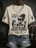 I Fully Intend To Haunt People When I Die V-Neck Shirt Funny Halloween Skeleton Apparel Women's - Merchluma