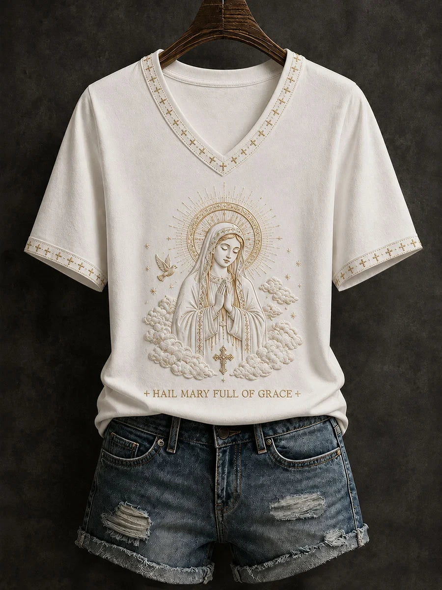 Hail Mary Full Of Grace V-Neck Shirt Christian Apparel Gifts For Mary Lovers - Merchluma