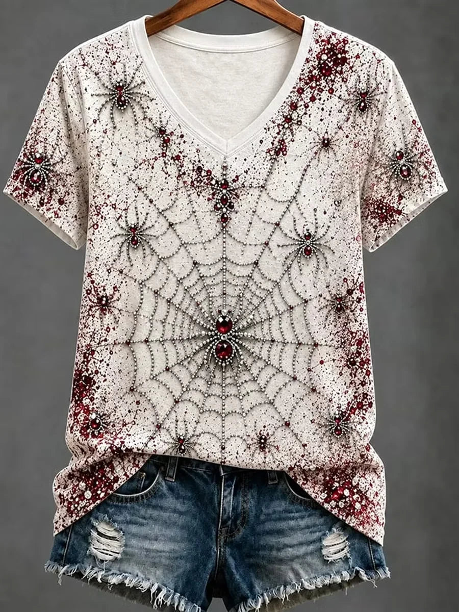 Spider Web Halloween V-Neck Shirt Gothic Jeweled Spider T-Shirt Spooky Vampire Gifts Ideas' - Merchluma