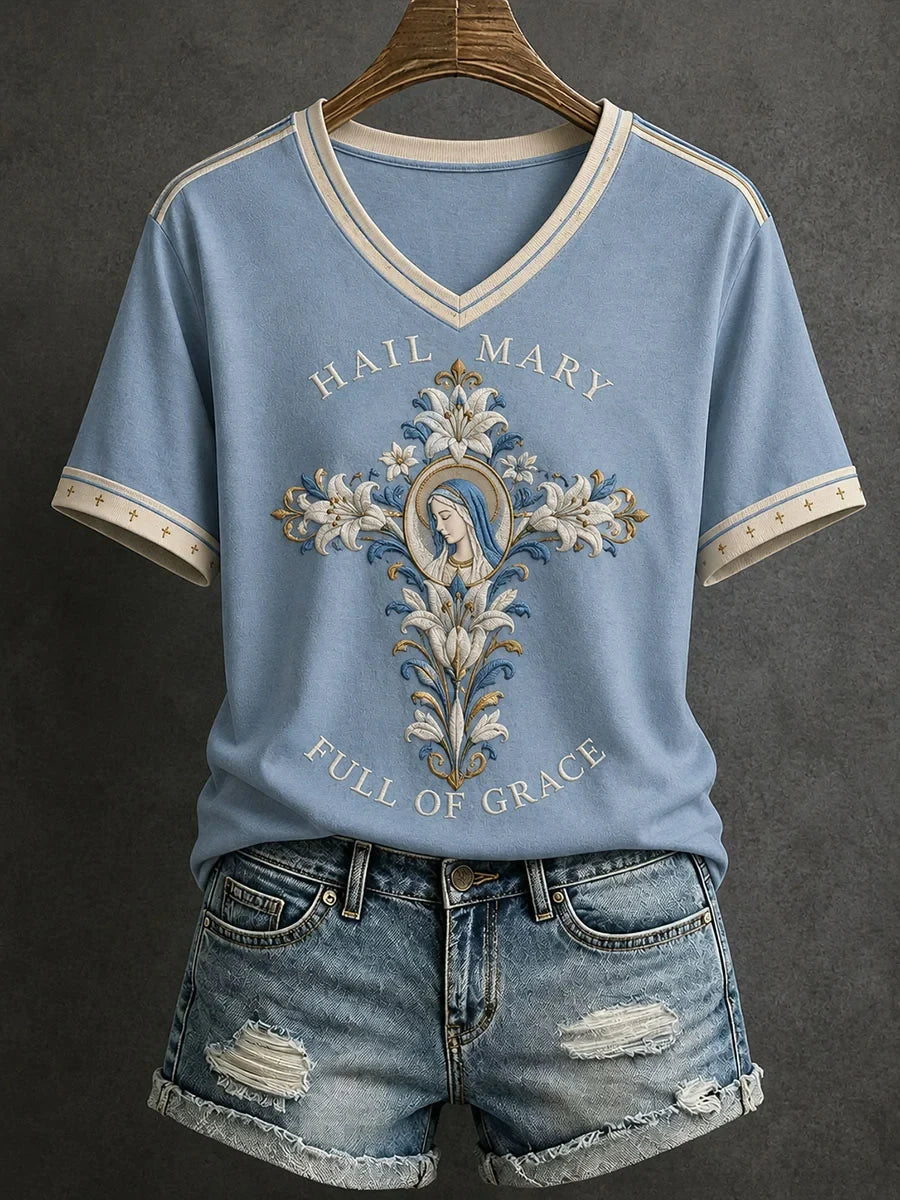Hail Mary Full Of Grace V-Neck Shirt Faith Based Apparel Catholic Gifts Ideas - Merchluma