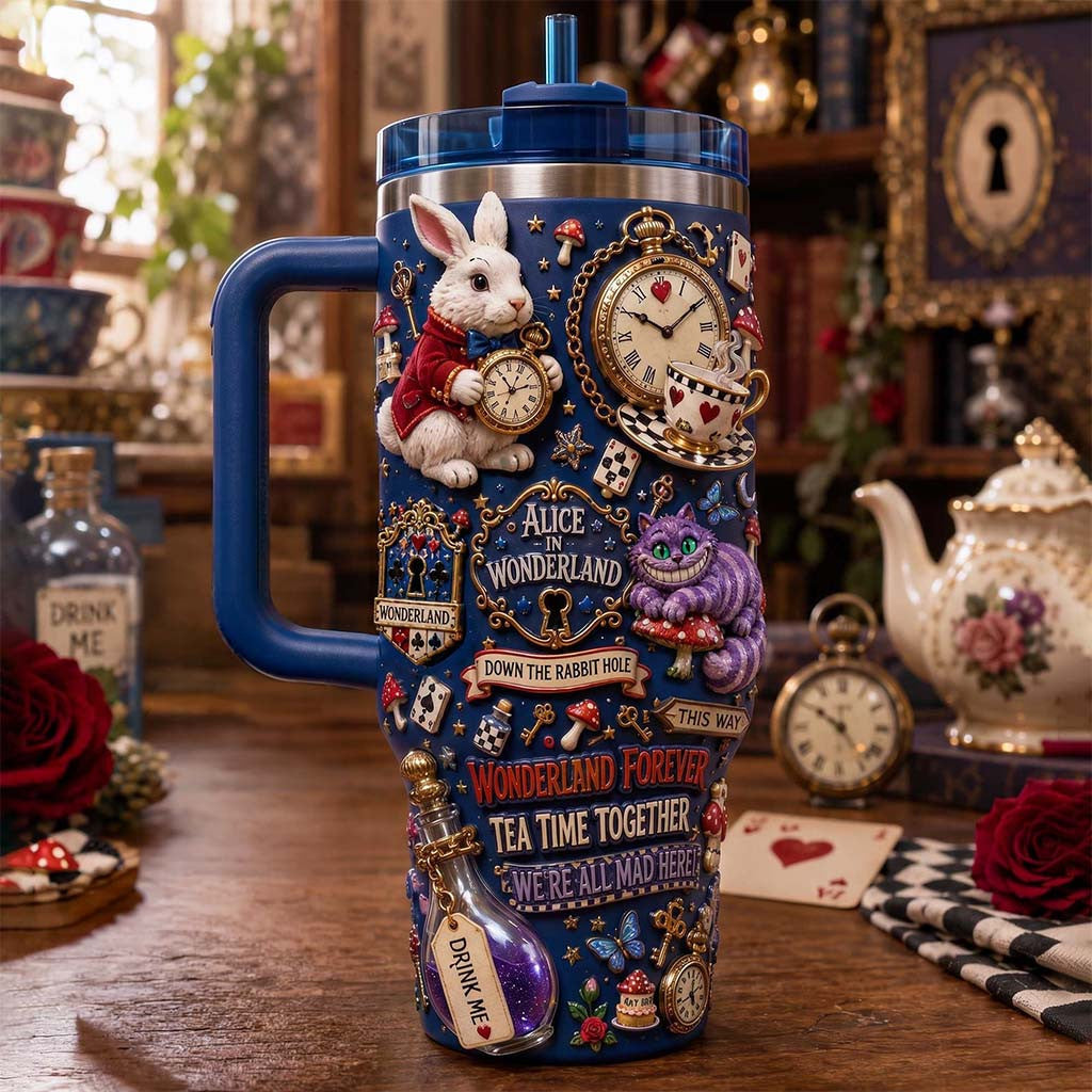 Alice In Wonderland Merch Wonderland Forever Tea Time Together We're All Mad Here Tumbler - Merchluma