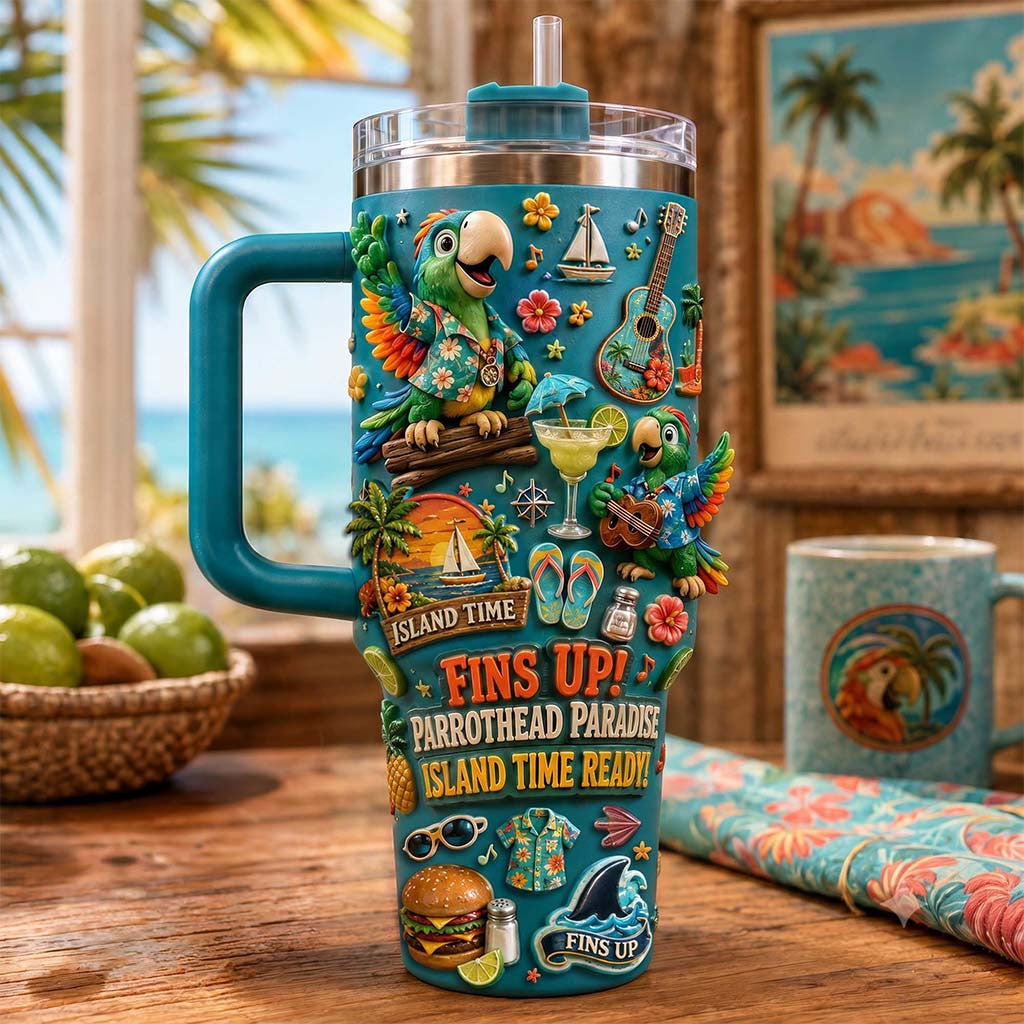 Jimmy Buffett Merch Island Time Fins Up Parrothead Paradise Island Time Ready Tumbler - Merchluma