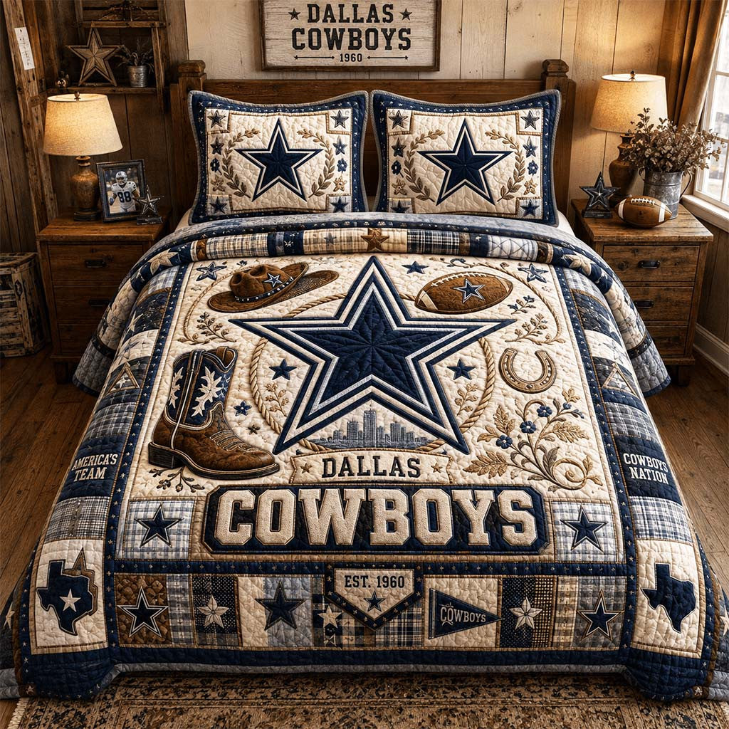 Dallas Cowboys Est 1960 Quilted Bedding Set Dallas Football Merch Bedroom Decor Fan Gifts - Merchluma