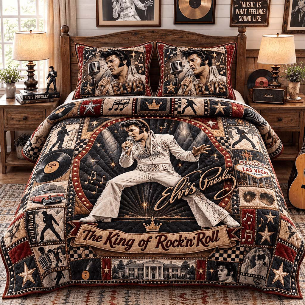 Elvis Presley The King Of Rock'n Roll Quilt Bedding Set Elvis Presley Merch Music Lovers Gifts - Merchluma