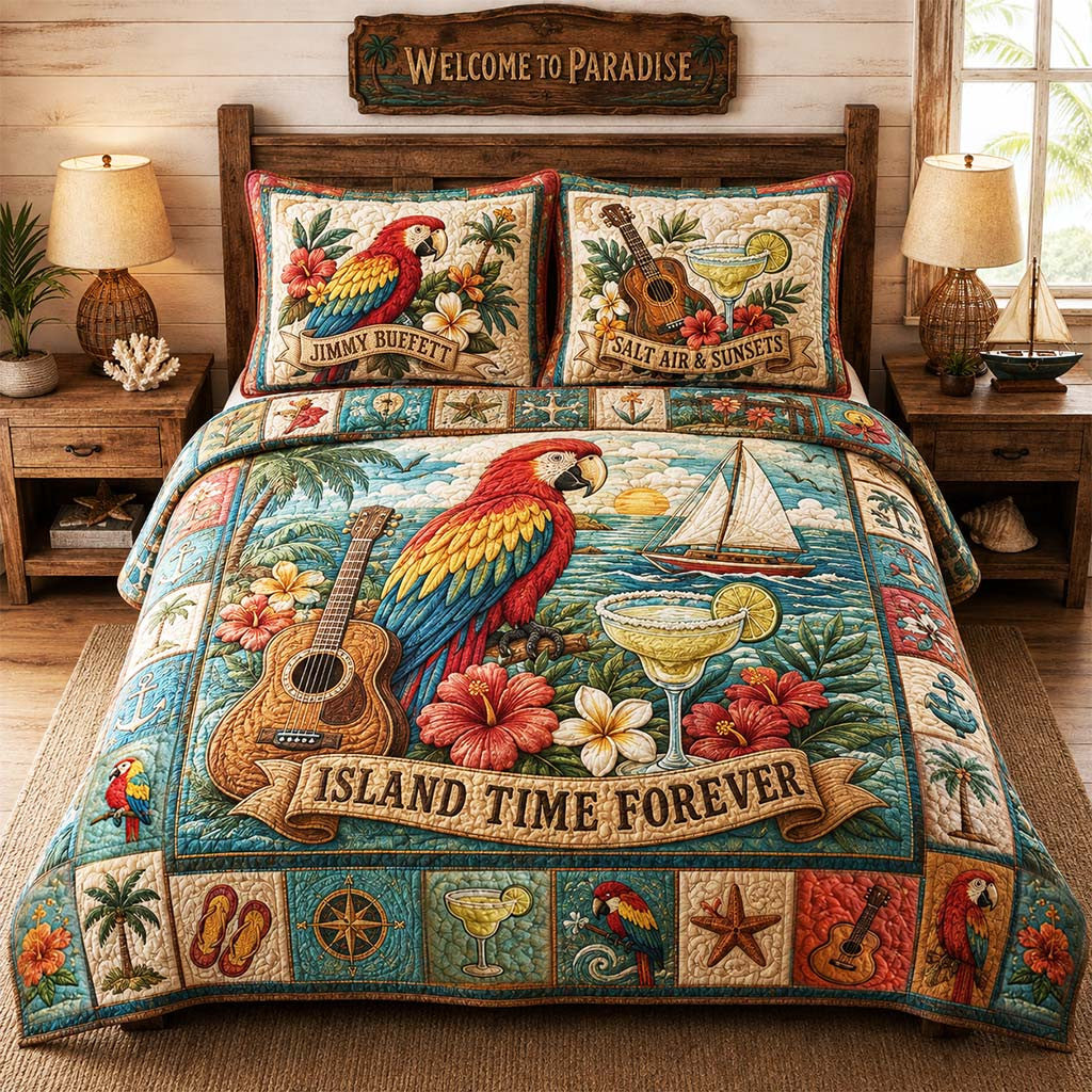 Jimmy Buffett Merch Island Time Forever Quilt Bedding Set Best Gifts For Music Lovers - Merchluma
