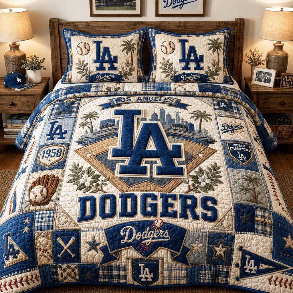 LA Dodgers Baseball Quilt Bedding Set Los Angeles Dodgers Merch Gifts For Baseball Fans - Merchluma