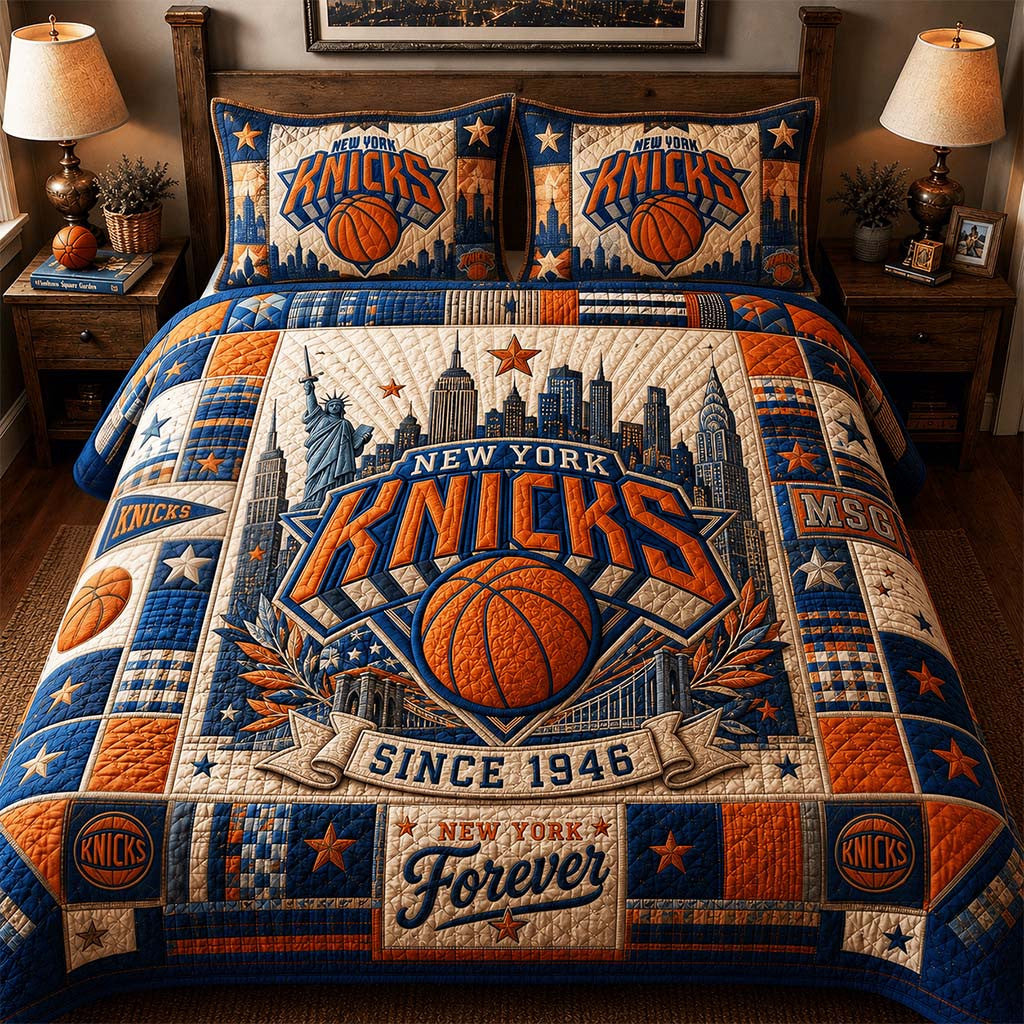 New York Knicks Merch New York Forever Since 1946 Quilt Bedding Set Basketball Lover Bedroom Decor - Merchluma