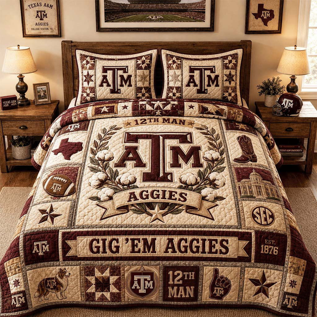 Texas A&M Aggies Merch 12th Man Gig Em Aggies Quilt Bedding Set Football Fan Gift Ideas - Merchluma