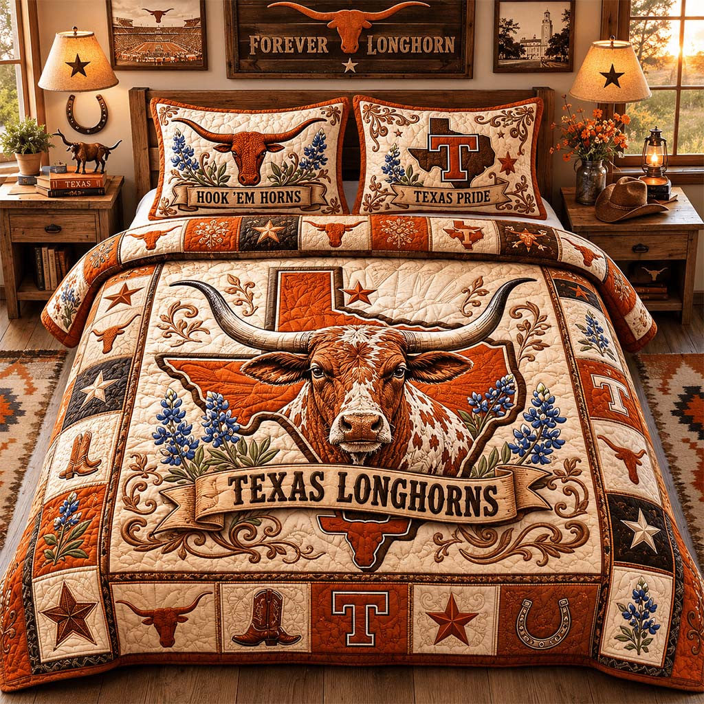 Texas Longhorns Merch Hook Em Horns Texas Pride Quilt Bedding Set Football Fan Gift Ideas - Merchluma