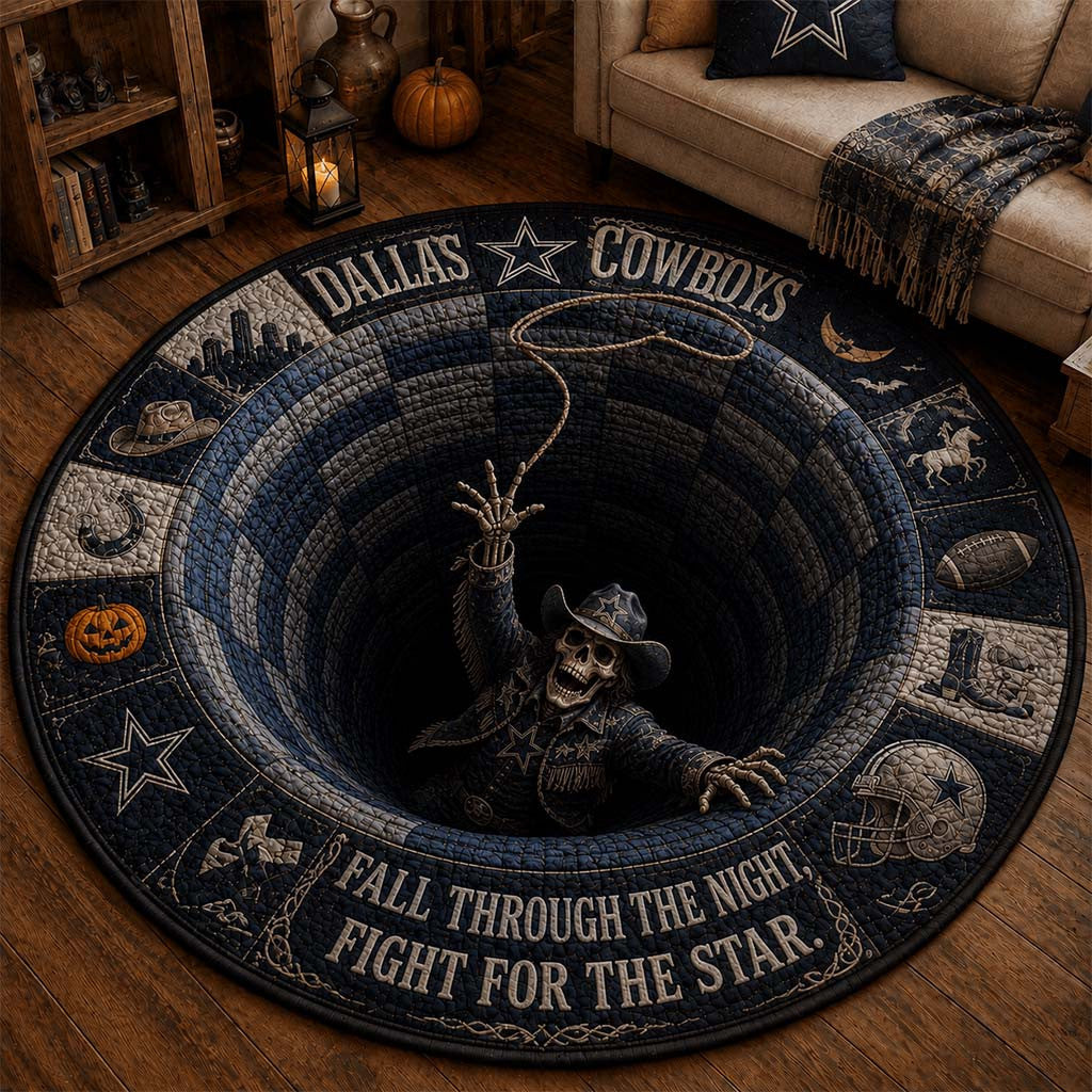 Dallas Cowboys Merch Fall Through The Night Fight For The Star Quilted Round Mat Halloween Decor - Merchluma