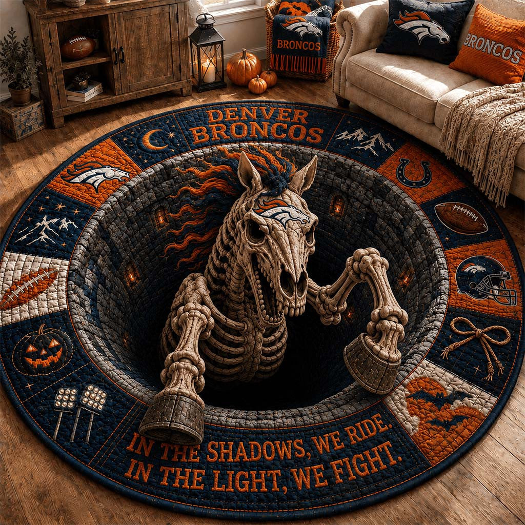 Denver Broncos Merch In The Shadows We Ride In The Light We Fight Quilted Round Mat Home Decor - Merchluma
