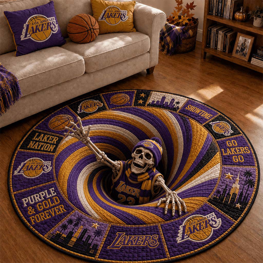 Los Angeles Lakers Merch Purple And Gold Forever Quilted Round Mat Basketball Fan Gift Ideas - Merchluma