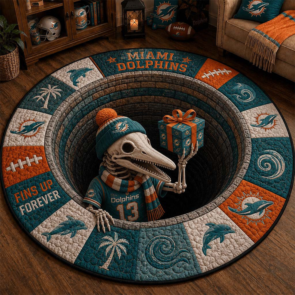 Miami Dolphins Merch Fins Up Forever Quilted Round Mat Best Gifts For Football Fans - Merchluma