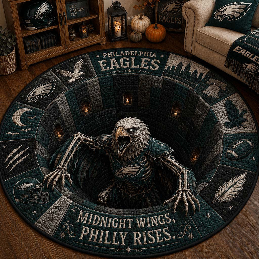 Philadelphia Eagles Merch Midnight Wings Philly Rises Quilted Round Mat Presents For Football Fans - Merchluma