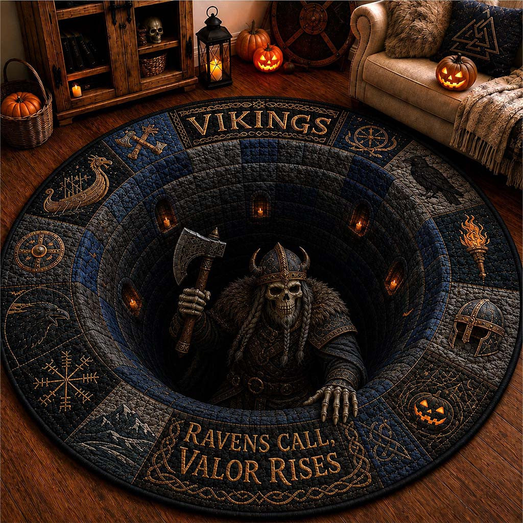 Vikings Ravens Call Valor Rises Halloween Quilted Round Mat Christmas Living Room Decor - Merchluma