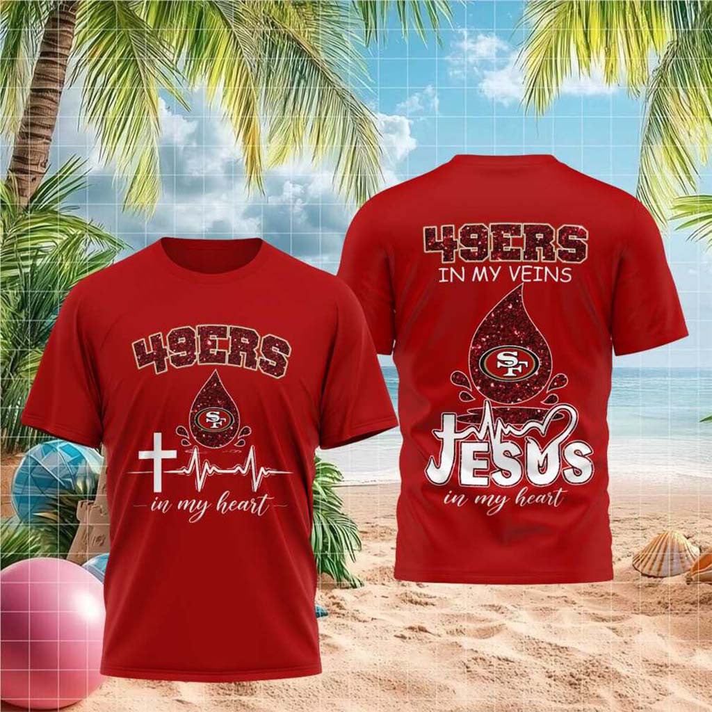 San Francisco 49ers Jesus In My Heart Faith Shirt SF 49ers Merch Best Gifts For Football Fans - Merchluma