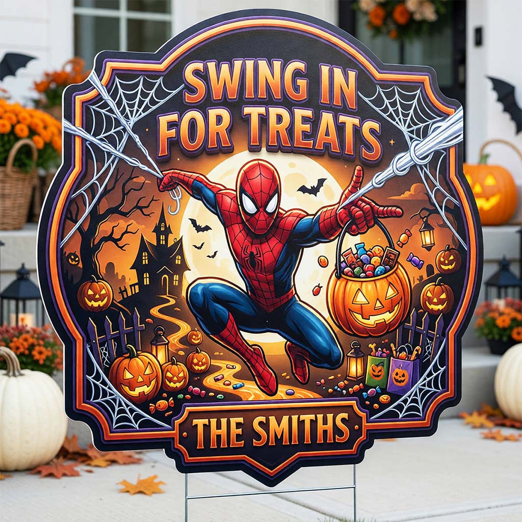 Personalized Spider-Man Swing In For Treats Yard Sign Halloween Garden Decor Gift For Son - Merchluma