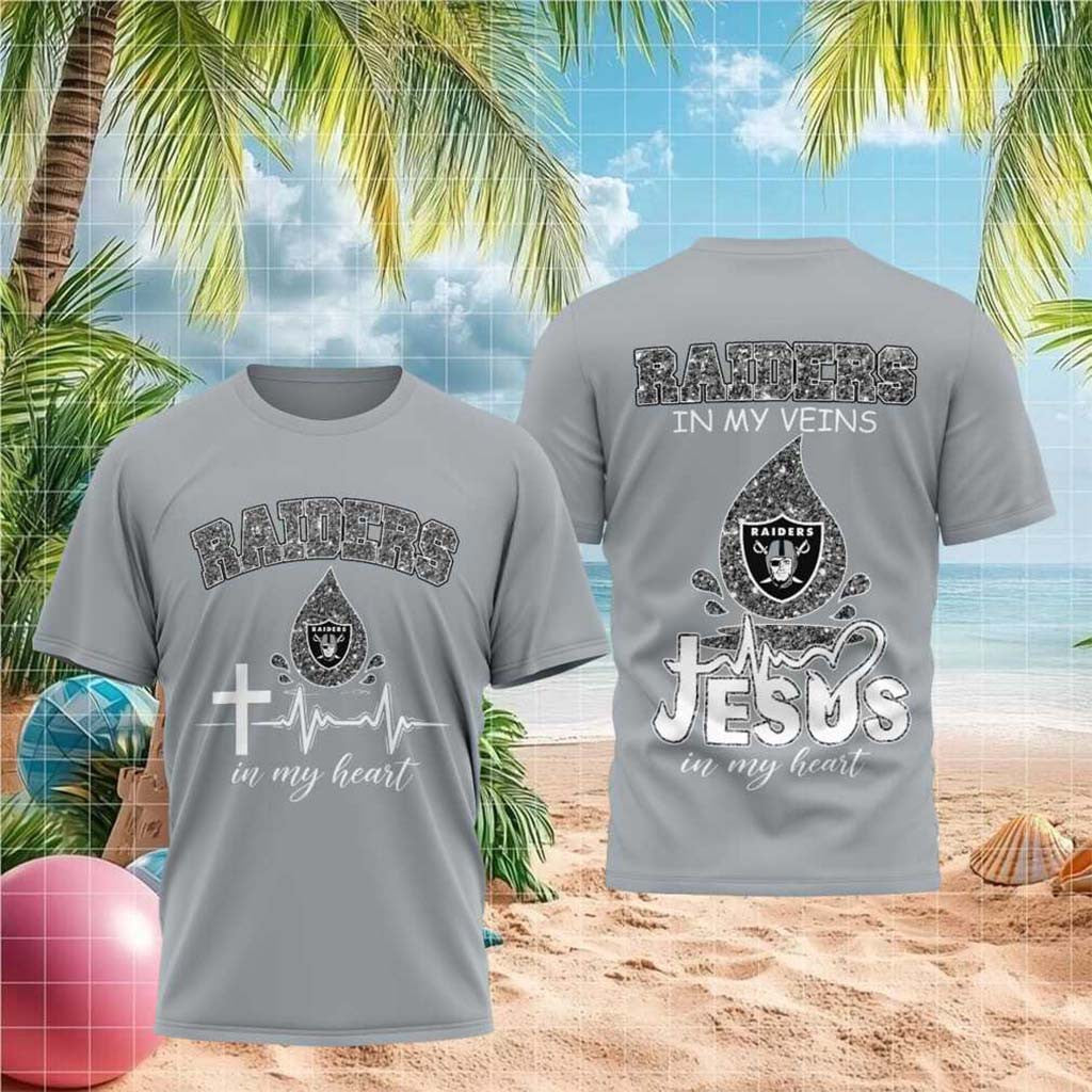 Las Vegas Raiders Jesus In My Heart Cross Shirt LV Raiders Merch Unique Gifts For Football Fan - Merchluma