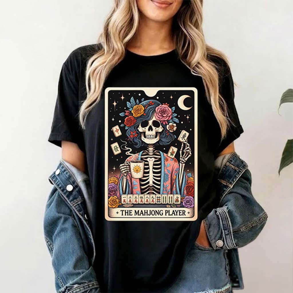 Halloween The Mahjong Player Tarot Card Skeleton T-Shirt Halloween Gift For Sisters - Merchluma