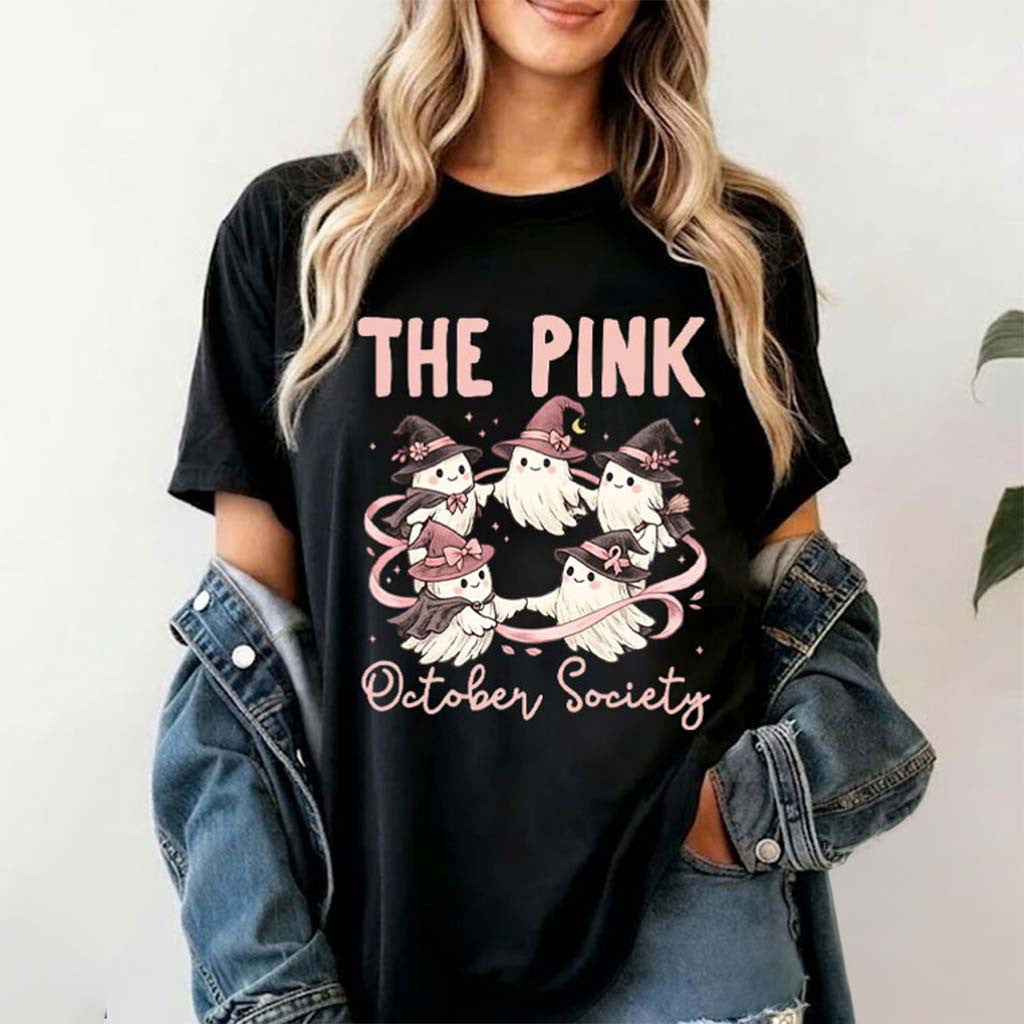 In October We Wear Pink Breast Cancer Ghost Halloween T-Shirt October Society Shirt Women's - Merchluma