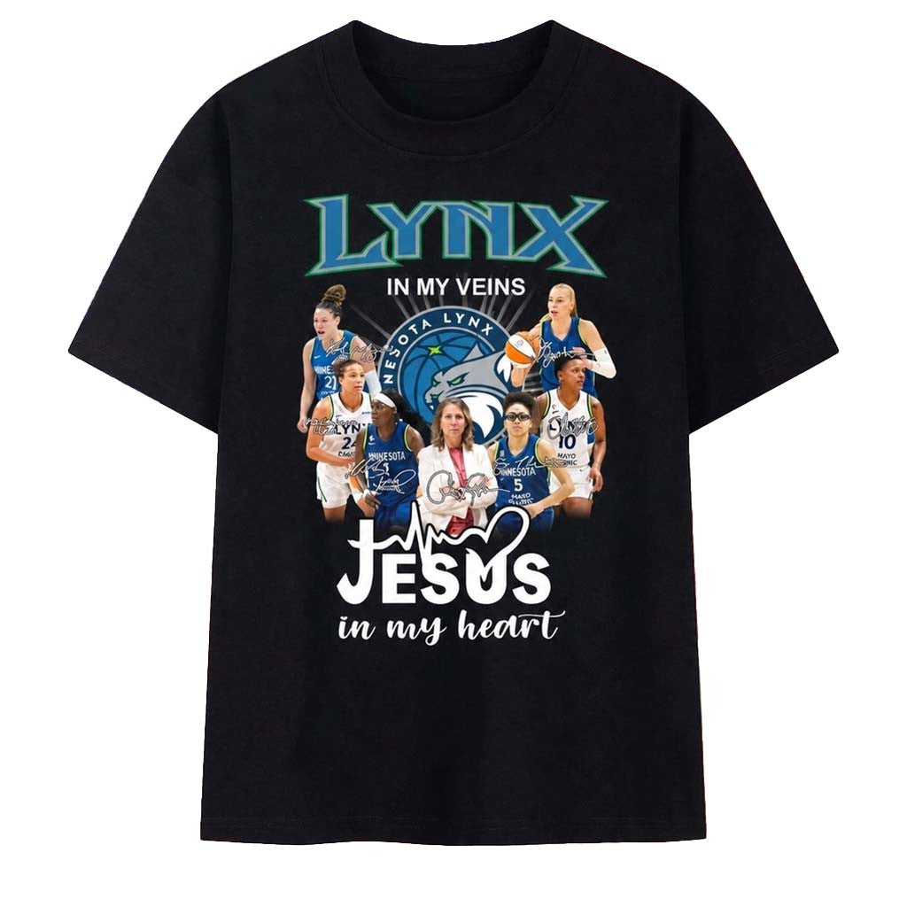 Minnesota Lynx In My Veins Jesus In My Heart Signatures T-Shirt Lynx Merch Basketball Fan Gift - Merchluma