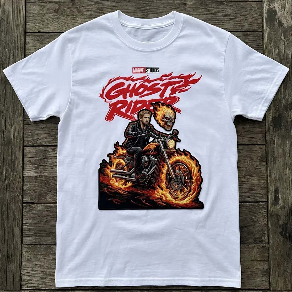 Fiery Ghost Rider T-Shirt White Marvel Merch Best Gift For Brothers - Merchluma