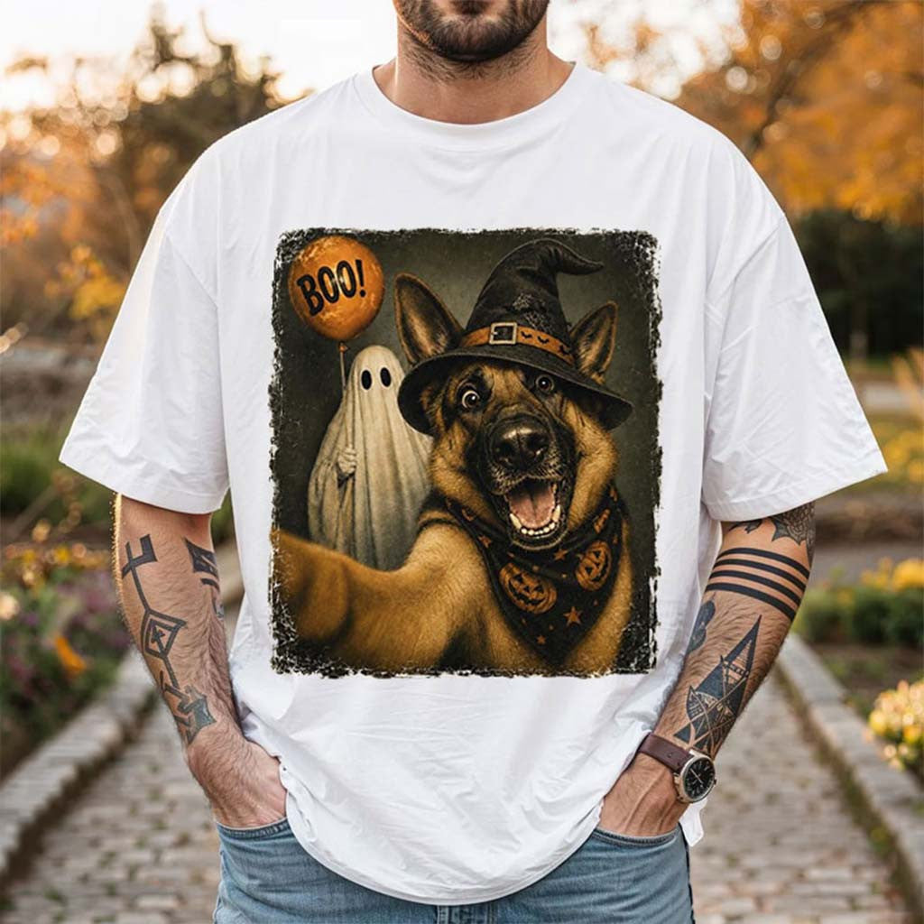 Halloween Selfie German Shepherd Witch Hat Ghost T-Shirt Funny Dog Meme Shirt Halloween Gifts - Merchluma