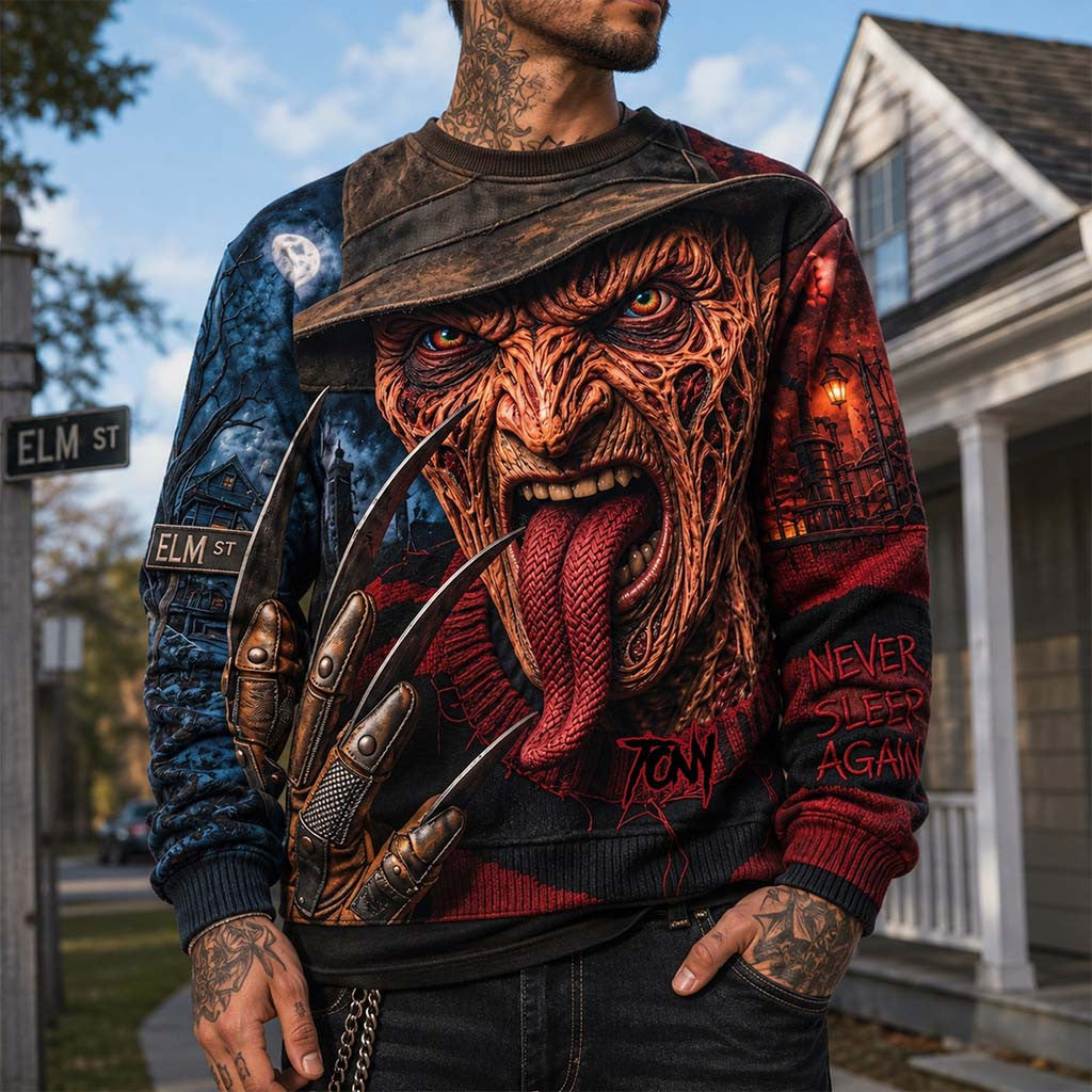 Personalized Never Sleep Again Sweatshirt Nightmare Slayer Crewneck Gifts For Horror Lovers' - Merchluma