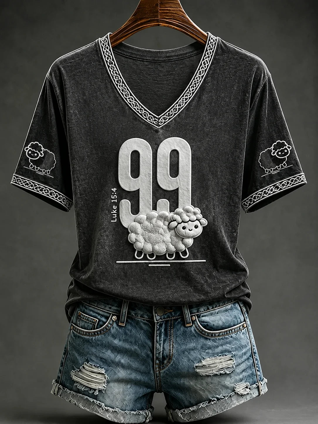 99 Sheeps Luke 15 4 Bible Verse V-Neck Shirt Faith Based Clothing Lines Christian Gift For Her - Merchluma