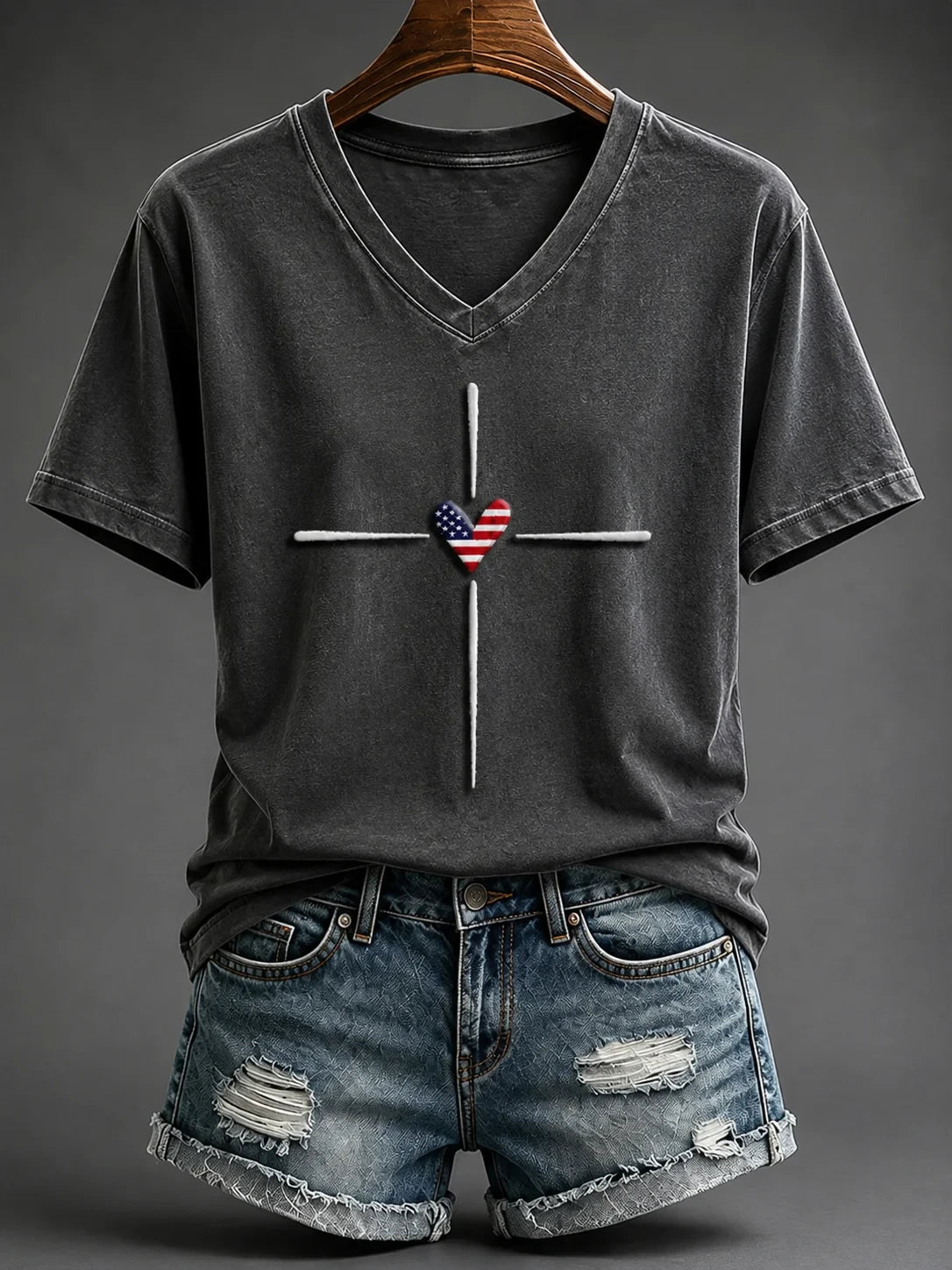 American Flag Cross V-Neck Shirt Faith USA Flag Heart Christian Clothing Gift For Her - Merchluma