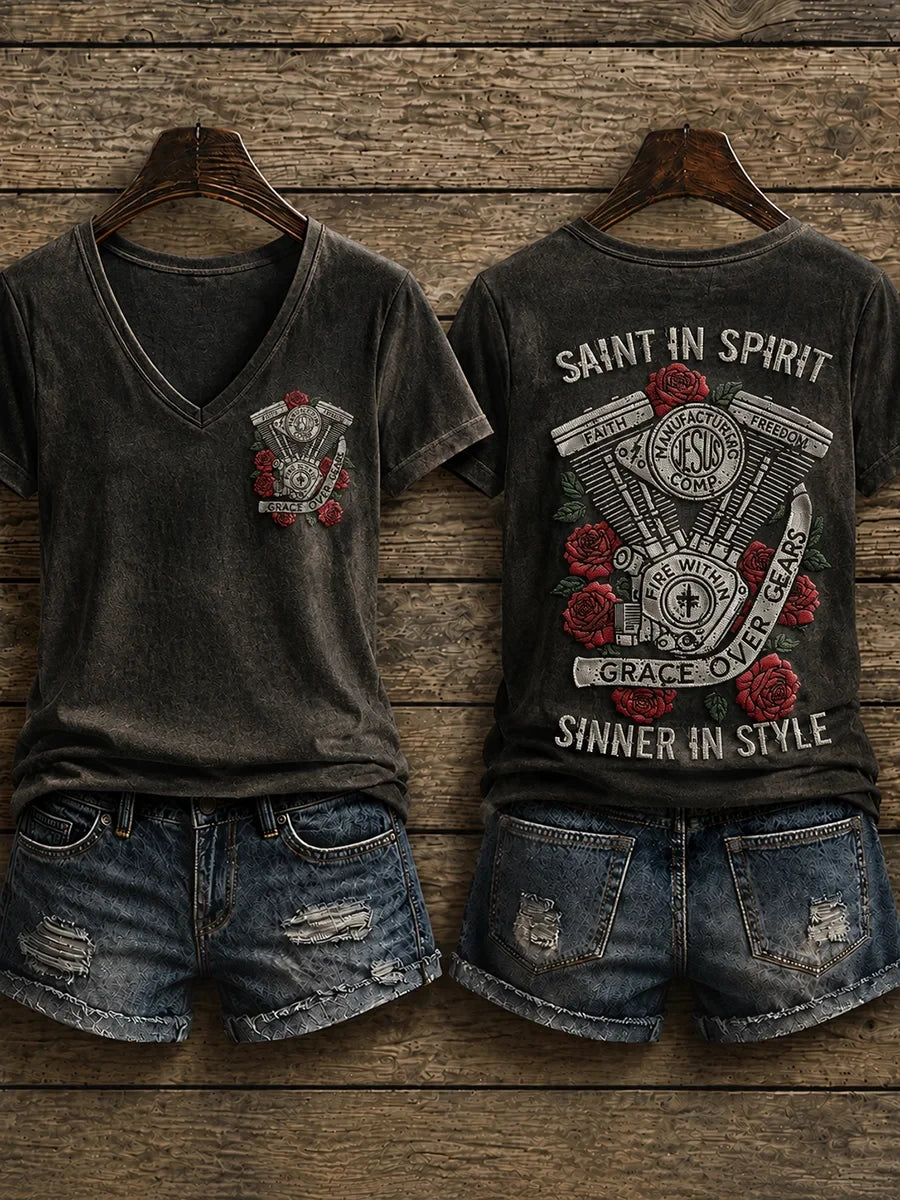 Christian Motorcycle Biker V-Neck Shirt Saint In Spirit Sinner In Style Faith Based Apparel - Merchluma