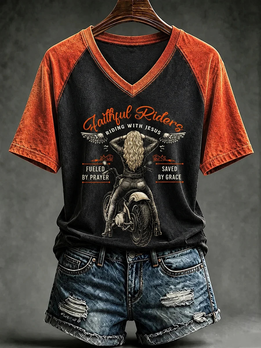 Faithful Riders Riding With Jesus V-Neck Shirt Christ Clothing Lines Gift For Motorcycle Biker - Merchluma