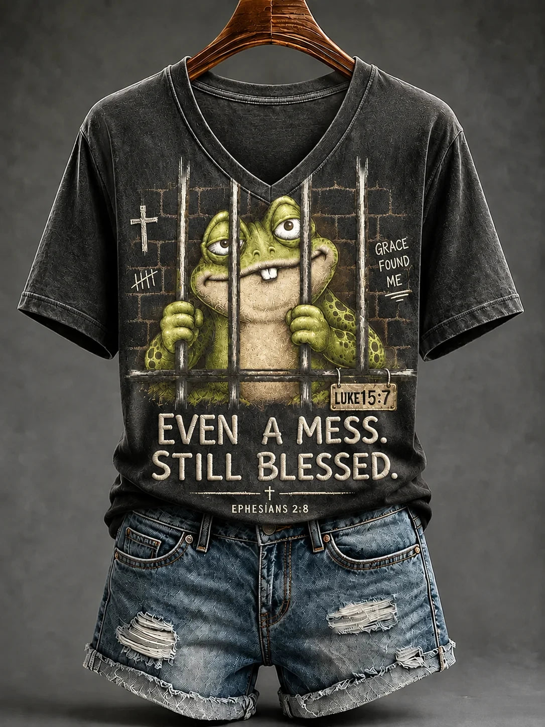Frog Even A Mess Still Blessed V-Neck Shirt Grace Found Me Bible Clothing Faith Based Gifts - Merchluma