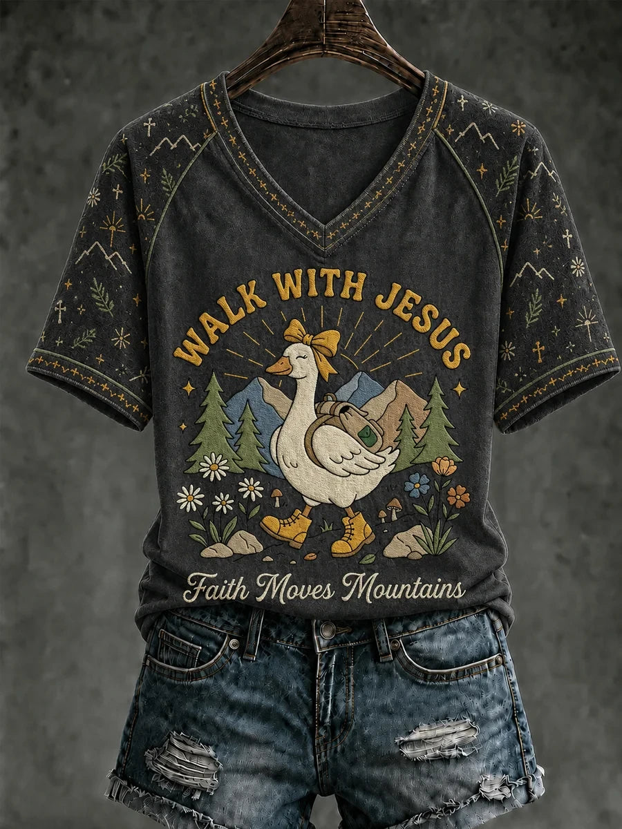 Goose Walk With Jesus Faith Moves Mountains V-neck Shirt Christian Faith Clothing Mom Gifts - Merchluma