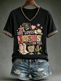 She Loves Jesus I Can Tell V-Neck Shirt Western Themed Faith Based Outfit Present For Sisters - Merchluma