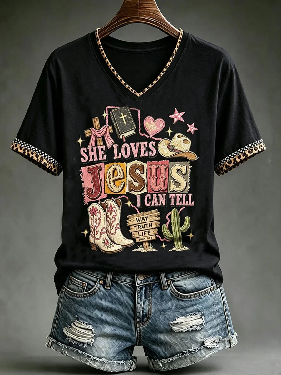 She Loves Jesus I Can Tell V-Neck Shirt Western Themed Faith Based Outfit Present For Sisters - Merchluma